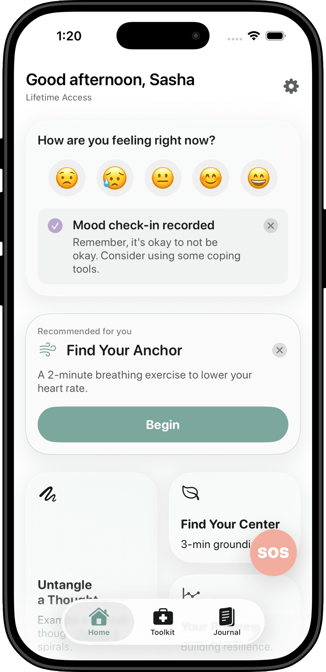 Clarity Path app on iPhone showing mood check-in, recommended breathing exercise, and home toolkit